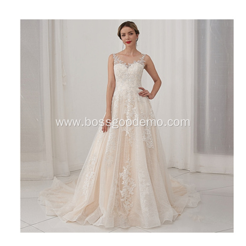 Elegant Vestido De Renda Lace Sleeveless Open Back A Line Bridal Gown Wedding Dress